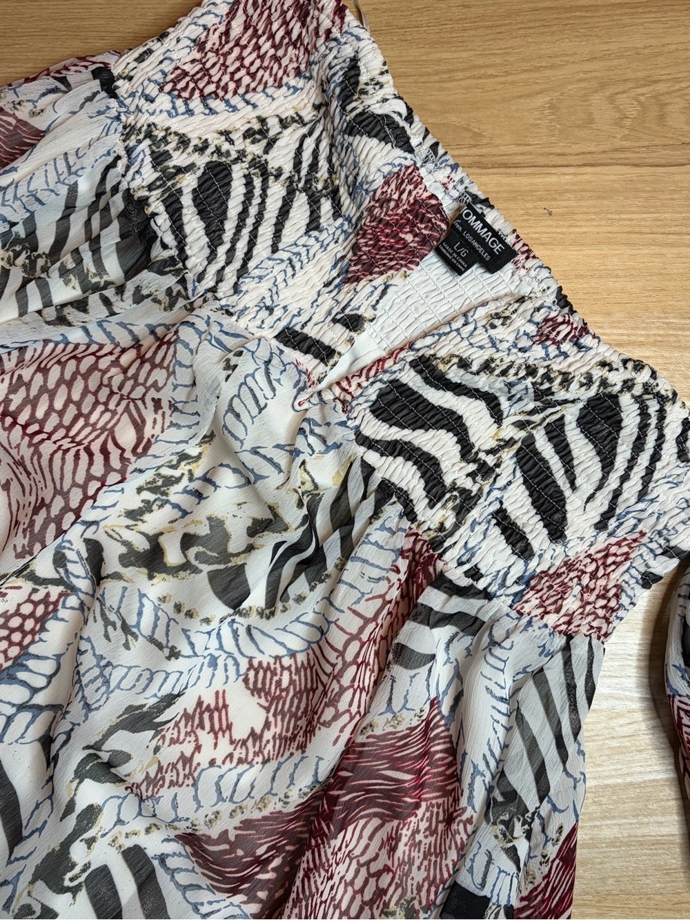 Hommage Multi Color Printed Mini Dress Large Elastic Smocked Top Large